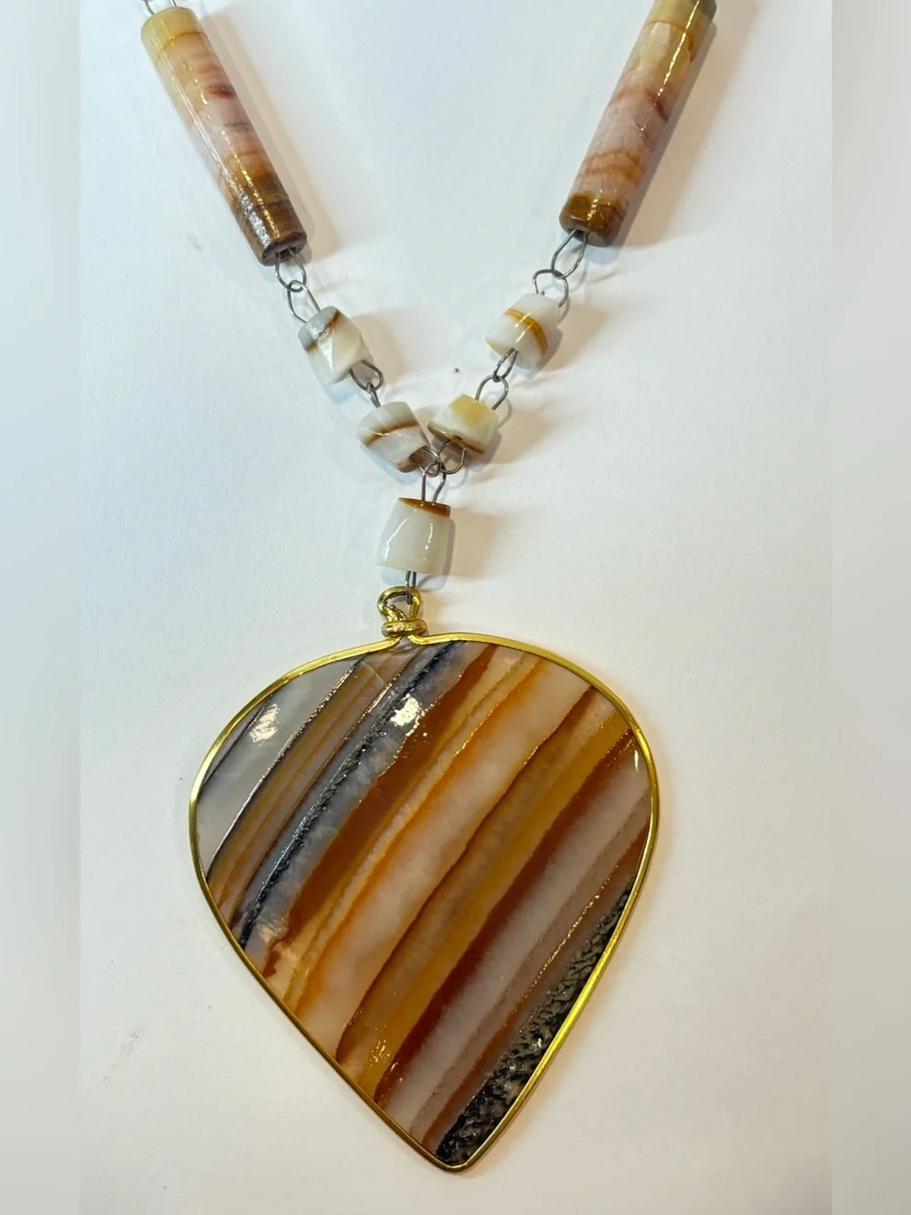Vintage Banded Agate Pendant Necklace Natural Stone Statement 26”